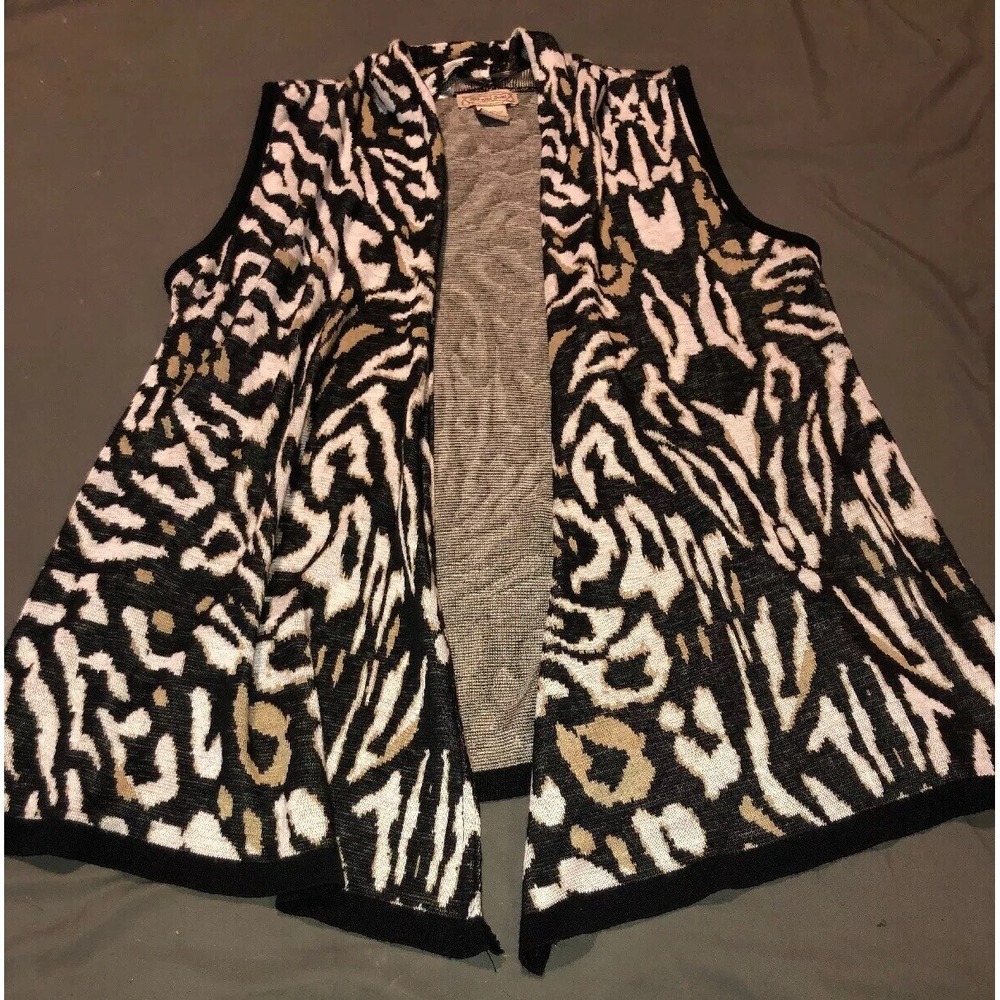 Art & Soul Vest Cardigan Animal Black Beige Print‎ Open Front Size Medium Womens
